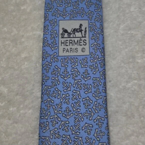 100% REAL HERMES TIE ~LIGHT BLUE WHITE SHIP SAILING BOATS ANCHORS NAUTICAL XL